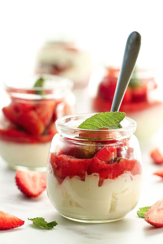 strawberries and cream, A dessert jar of strawberries and cream with a mint leaf topping