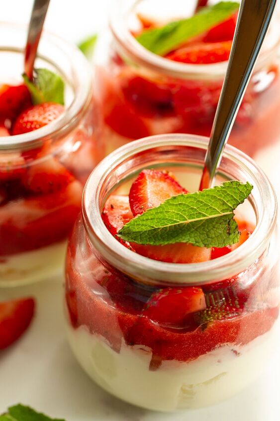 strawberries and cream, A dessert jar of strawberries and cream with a mint leaf topping