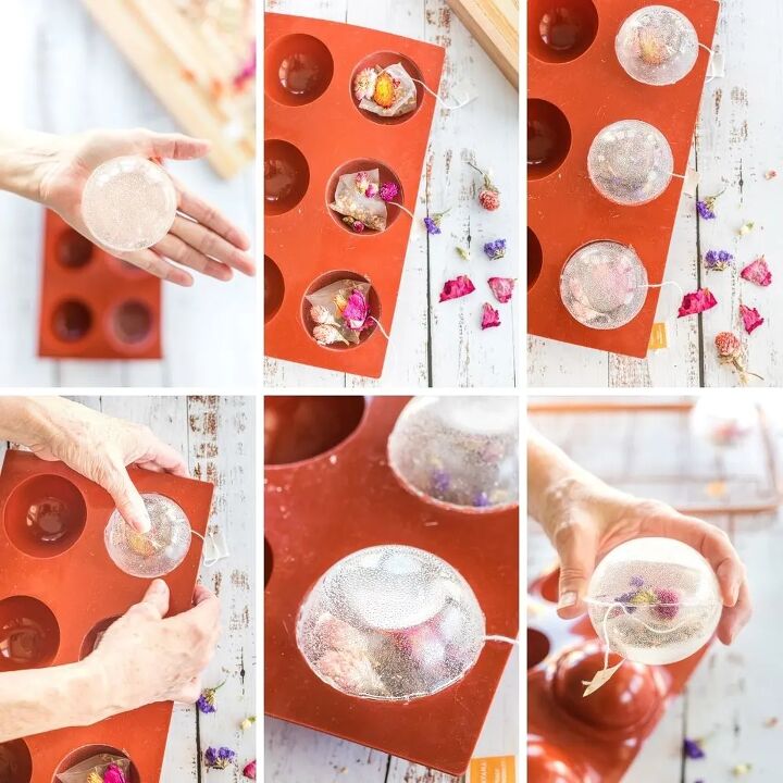 diy floral tea globes for blooming flower tea, Collage of steps to make floral tea drops