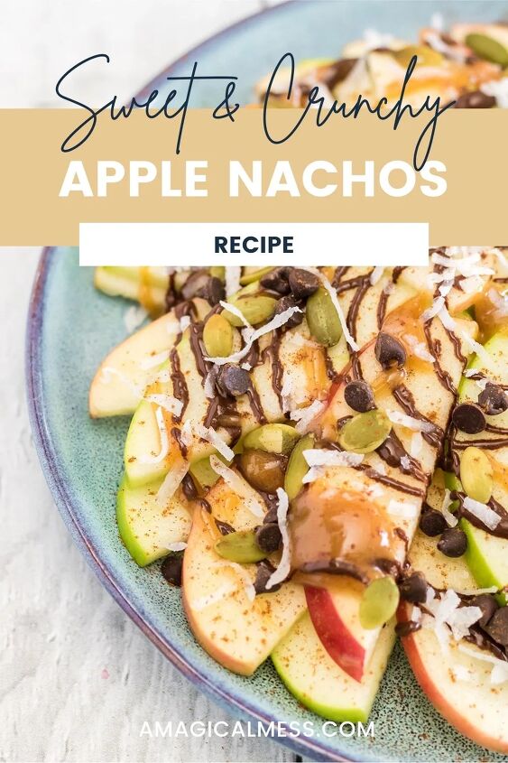 crunchy apple nachos with sweet and salty toppings, Apple nachos on a plate drizzled with caramel chocolate and other toppings