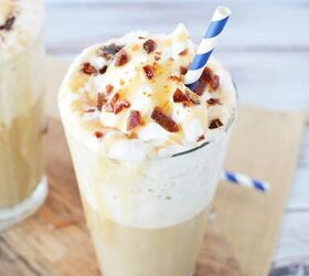 copycat caramel crunch frappuccino recipe, Caramel drink with whipped topping and sugar crunch with blue straw