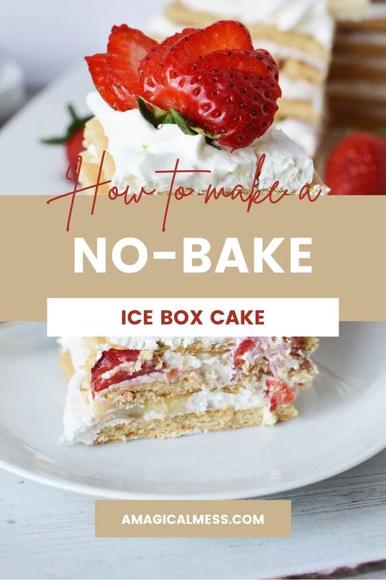 banana split icebox cake no bake recipe, Layered dessert with strawberries on top stacked on a white plate
