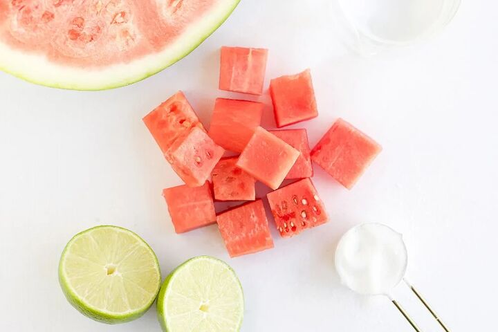 fresh watermelon popsicles recipe, Chunks of watermelon next to other ingredients