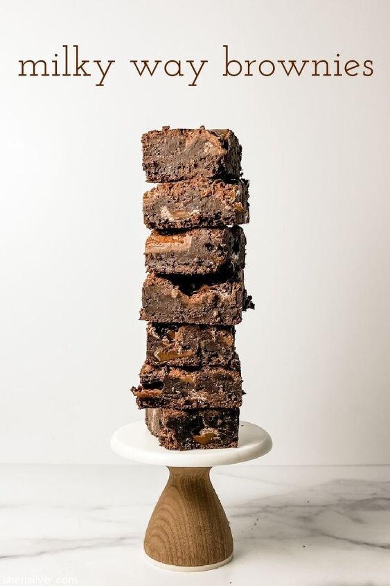 milky way brownies, milky way brownies stacked on a mini cake stand
