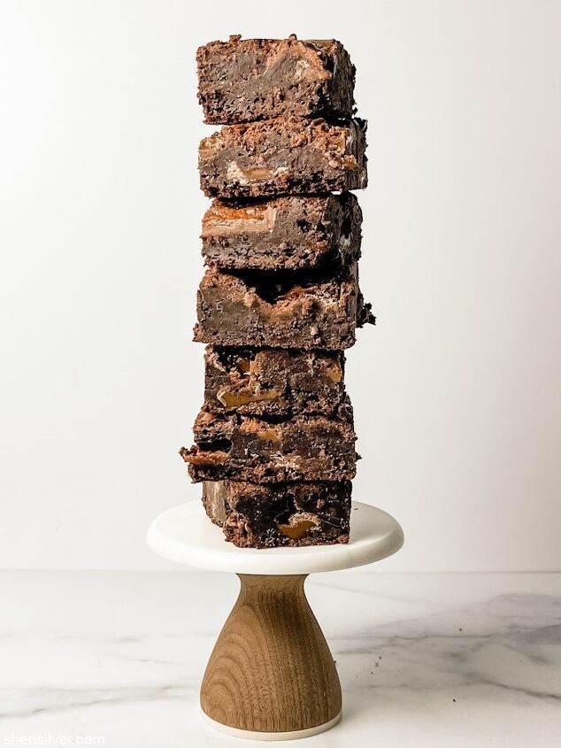 milky way brownies, milky way brownies stacked on a mini cake stand