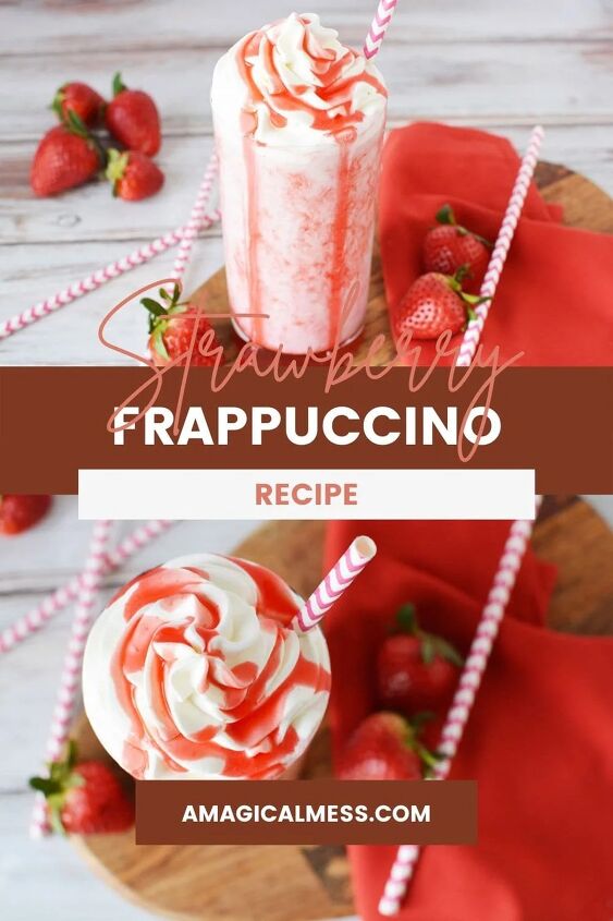 delicious copycat strawberry frappuccino recipe, Strawberry blended drink in a glass topped with whipped cream and red syrup