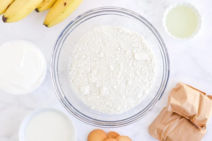 light and creamy banana poke cake recipe, Bowl of flour
