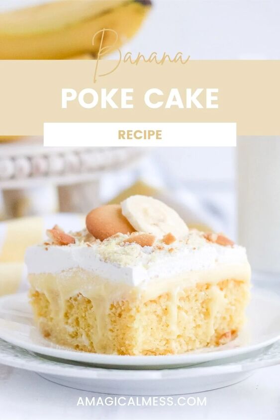 light and creamy banana poke cake recipe, Yellow cake with frosting and toppings sitting on a white plate and a white table
