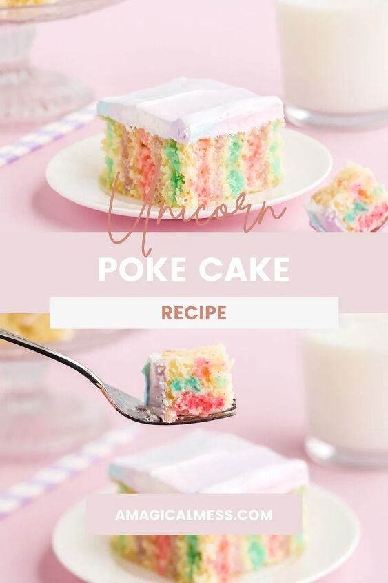 rainbow unicorn poke cake recipe, Rainbow striped cake on a plate