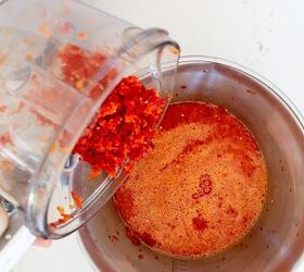 red pepper jelly, Add pureed peppers and chopped hot peppers to pan
