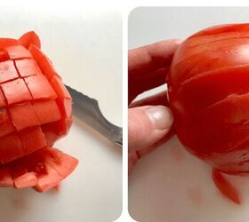 2 images showing how to dice a tomato for Tomato and Onion Salad