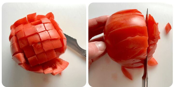 2 images showing how to dice a tomato for Tomato and Onion Salad