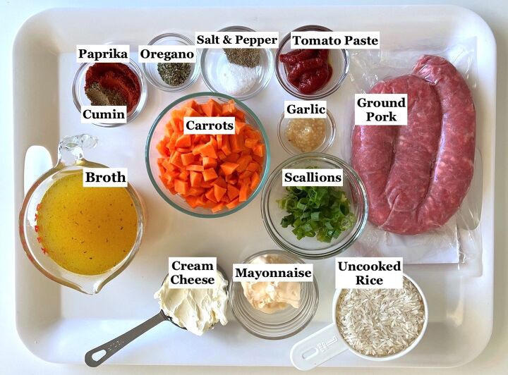ground pork slow cooker casserole, Ingredients prepped and measured out in bowls for the Ground Pork Slow Cooker Casserole recipe