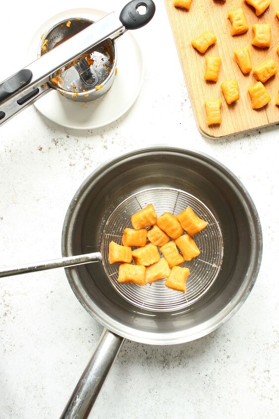 sweet potato gnocchi with brown butter and sage, Cooking the formed gnocchi in boiling salted water