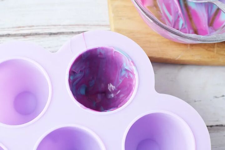 mermaid hot chocolate bombs, Candy mold lined with purple melted chocolate