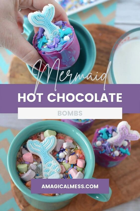 mermaid hot chocolate bombs, Mermaid hot chocolate Dropping melt into a mug and finished product