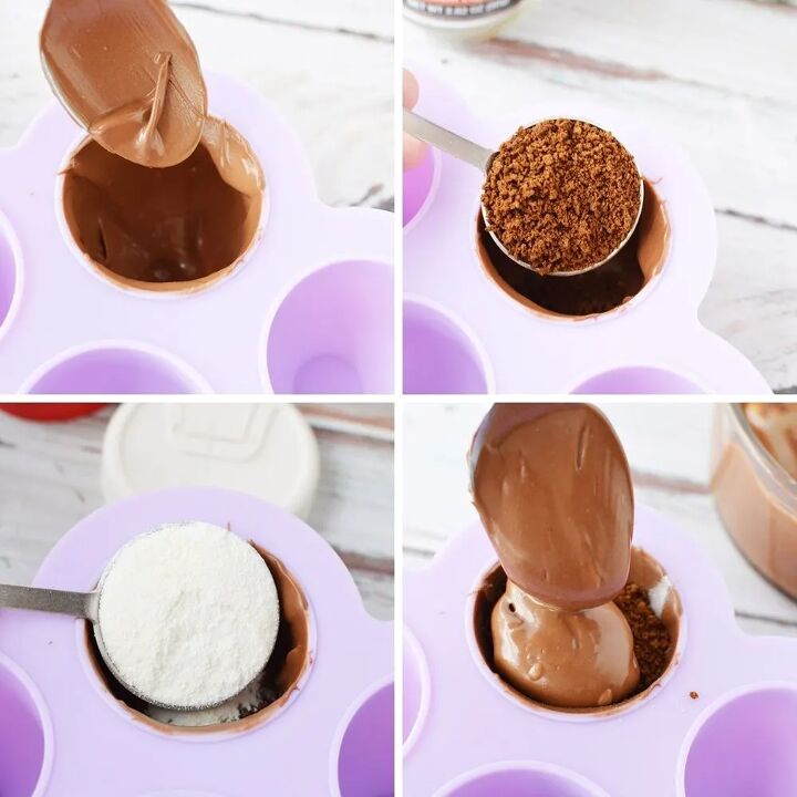 how to make mocha coffee bombs, Filling a silicone mold with chocolate and instant coffee and creamer