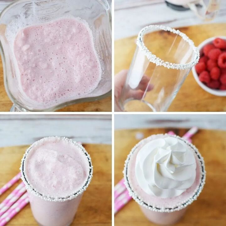 copycat raspberry cotton candy frappuccino recipe, Raspberry drink blended in a blender and in a glass with a whipped cream topping