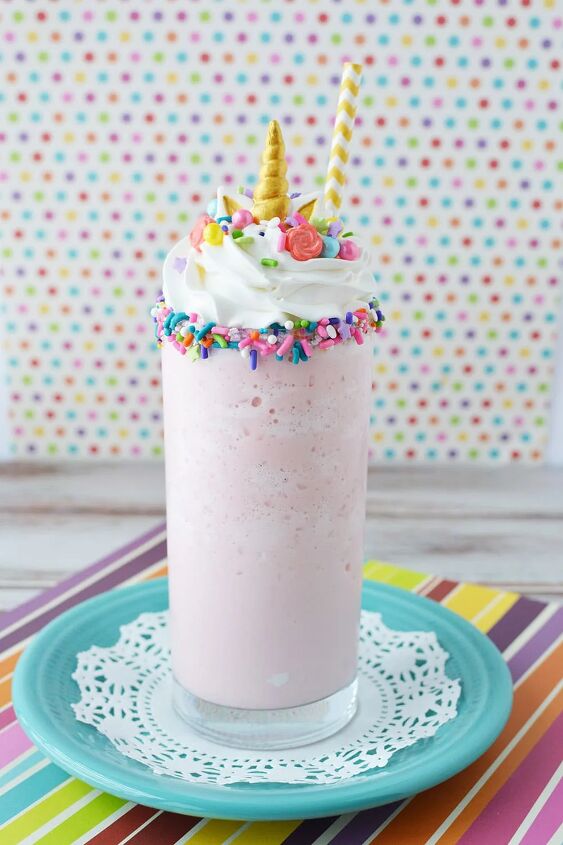 copycat raspberry cotton candy frappuccino recipe, Pink blended drink with unicorn toppings