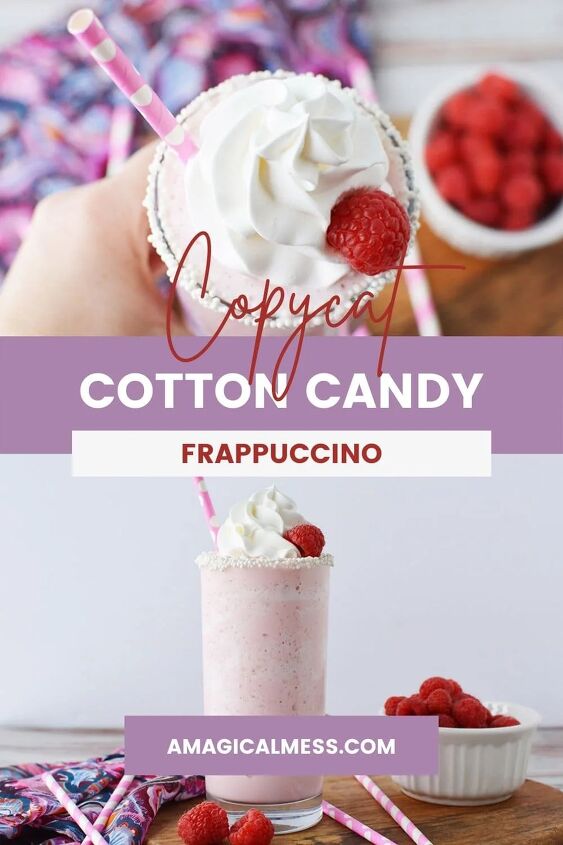 copycat raspberry cotton candy frappuccino recipe, Pink blended drink in a glass topped with whipped cream and rapsberries