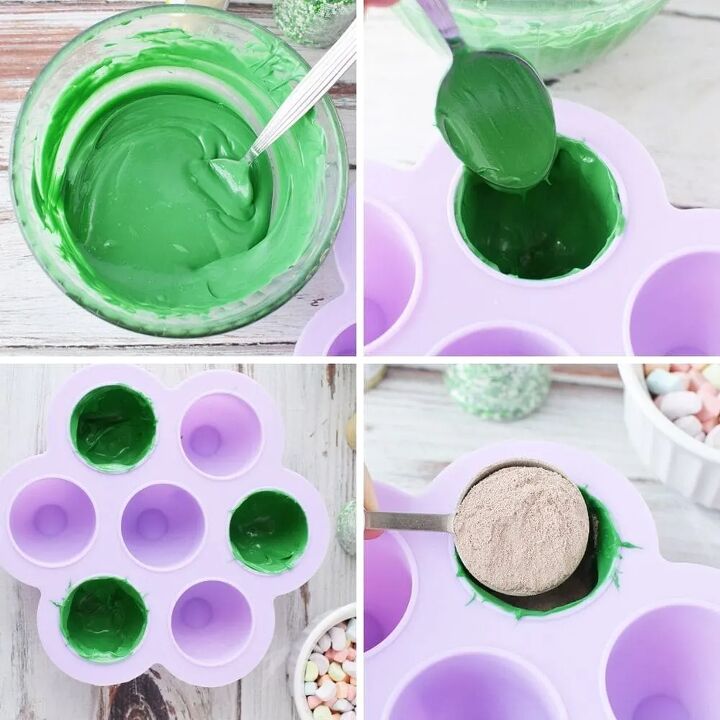 glittery green hot chocolate bombs recipe, Melted green chocolate being spooned into a mold for cocoa bombs