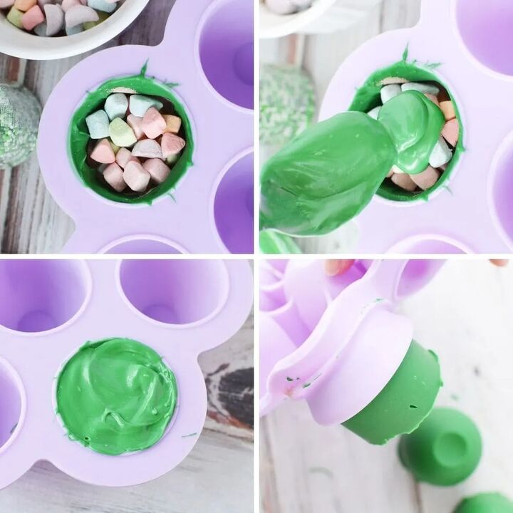 glittery green hot chocolate bombs recipe, Filling mold with marshmallows and sealing it with green chocolate for cocoa bombs