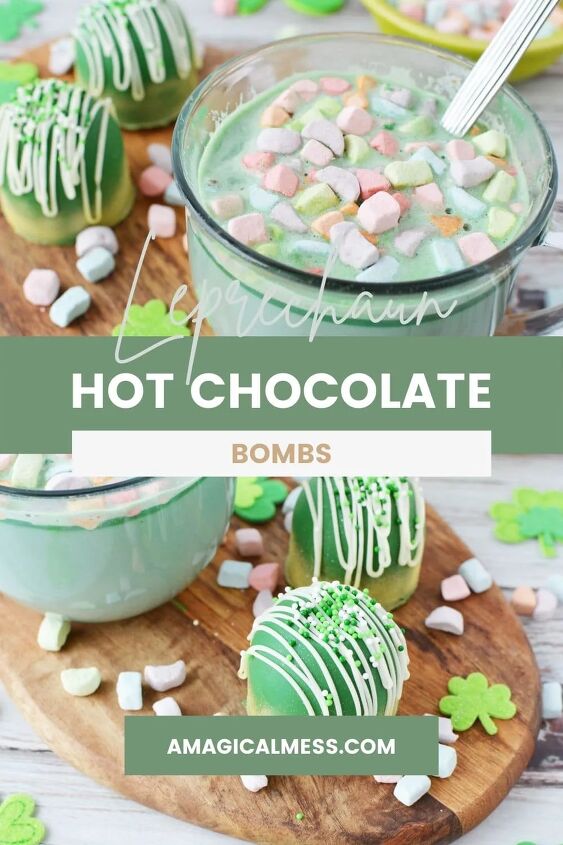glittery green hot chocolate bombs recipe, Green hot chocolate with marshmallows and green hot chocolate bombs on a board