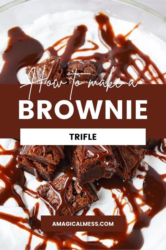 Brownies drizzled with hot fudge on top of a brownie trifle