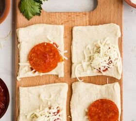 air fryer pizza pockets diy pizza rolls, Unrolled pizza pockets with ingredients on a board