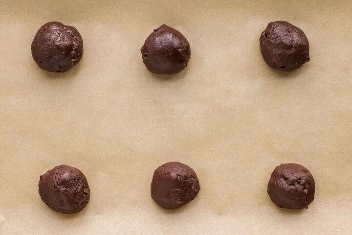 chewy brownie mix cookies recipe, Balls of brownie mix dough on a cookie sheet