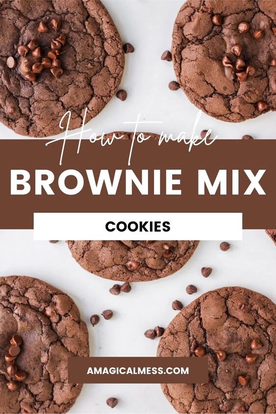 chewy brownie mix cookies recipe, Overhead shot of brownie cookies with chocolate chips on a table