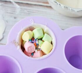 adorable unicorn hot chocolate bombs, Colored marshmallows and sprinkles in hot chocolate bomb mold