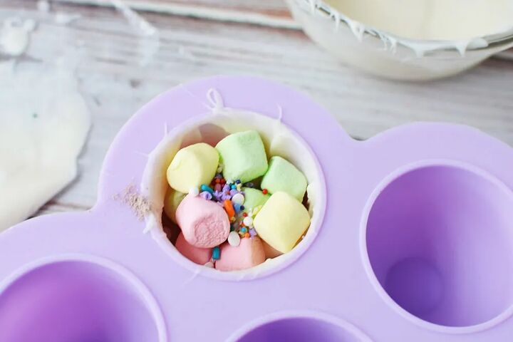 adorable unicorn hot chocolate bombs, Colored marshmallows and sprinkles in hot chocolate bomb mold