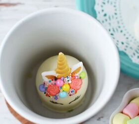 adorable unicorn hot chocolate bombs, Unicorn hot chocolate bomb inside of mug