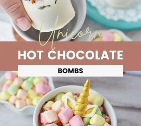 adorable unicorn hot chocolate bombs, Dropping a unicorn hot chocolate bomb into a mug and finished unicorn hot chocolate in a mug