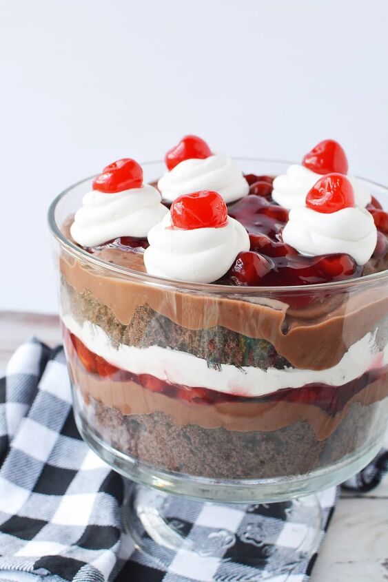 chocolate cherry black forest trifle, Black forest trifle in a bowl on a table with a checkered napkin