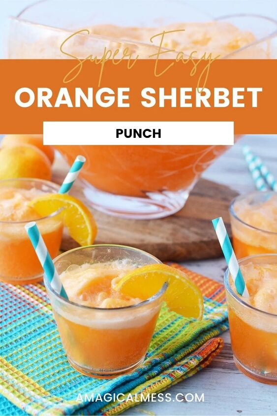 easy orange sherbet punch recipe, Glasses of orange sherbet punch in front of punch bowl