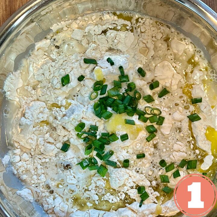 easy vegan flour tortillas using a press, Vegan tortilla ingredients in a bowl flour oil water chives baking powder salt