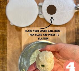 easy vegan flour tortillas using a press, A hand holding a dough ball next to a tortilla press