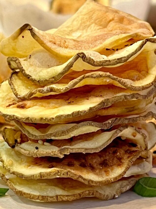 easy vegan flour tortillas using a press, A stack of homemade oil free potato chips