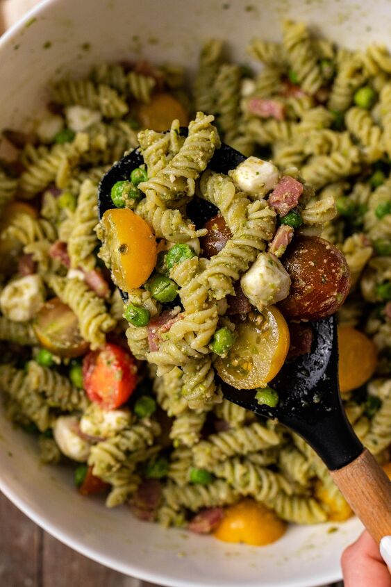 walnut and pea pesto pasta salad, The sweet flavor of the pesto is balanced beautifully in this pasta salad