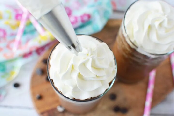 homemade java chip frappuccino recipe, Whipped cream on top of java chip frappuccino in glass