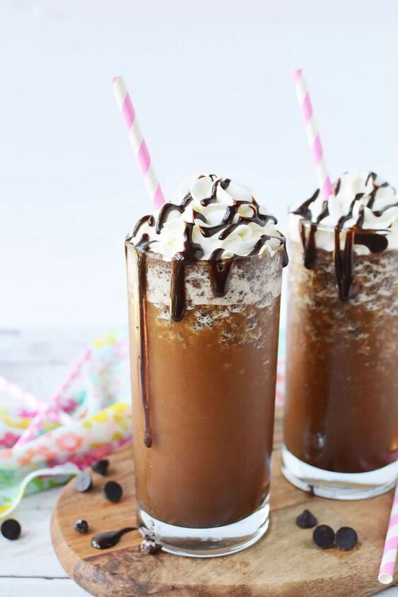 homemade java chip frappuccino recipe, Two java chip frappuccinos on a board