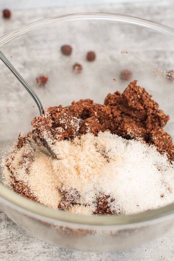 homemade chocolate coconut date balls, Dry ingredients into wet for energy date bites
