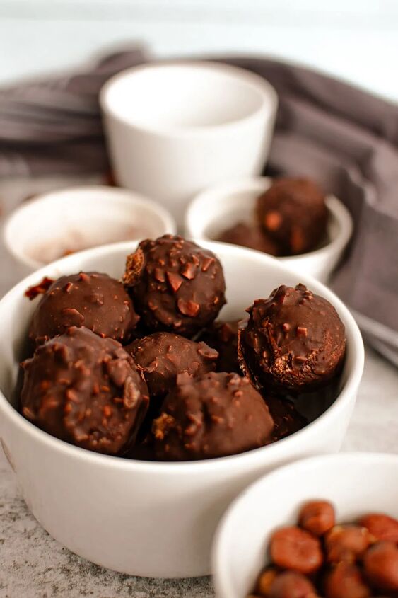 homemade chocolate coconut date balls, Chocolate date bites in a bowl