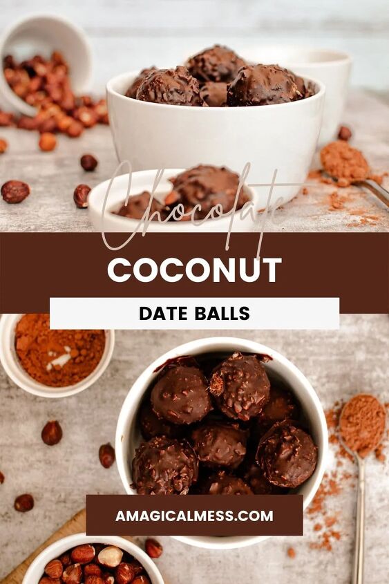 homemade chocolate coconut date balls, Date balls in a bowl and overhead shot of date energy bites with ingredients around
