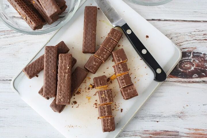 chocolaty chocolate trifle recipe, Chopped fudge sticks on a cutting board with a knife