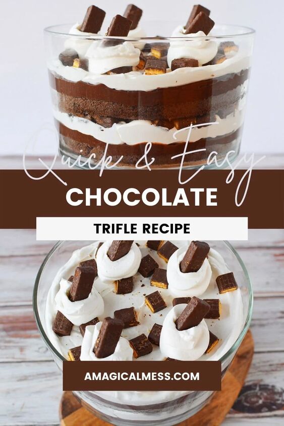 chocolaty chocolate trifle recipe, Chocolate trifle in a trifle bowl with layers of cake whipped cream cookies and pudding