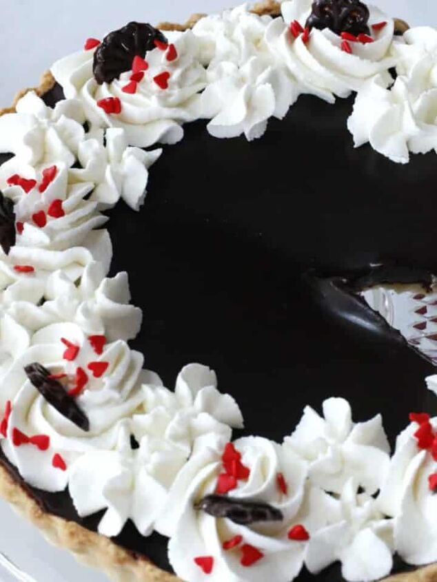 chocolate fudge cake, dark chocolate tart with candy hearts