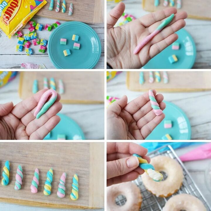 baked unicorn donut recipe with candy horns, Making candy unicorn horns using Starburst Duos